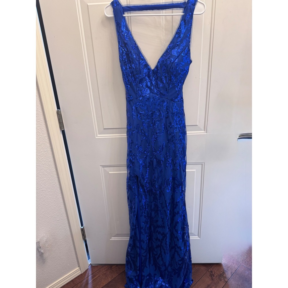 Ryanth Royal Blue Sequin Open Back Maxi Dress V-Neck Slit Size 6 NWT